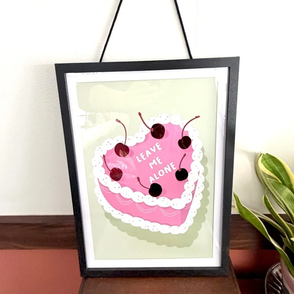 Leave Me Alone Heart Cake Red Cherry Pink Cake Framed Wall Art Quirky Art Print